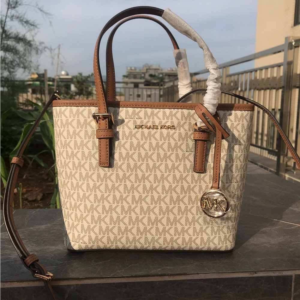 Michael Kors Beige MK Logo Tote with Brown Trim and Gold Accent